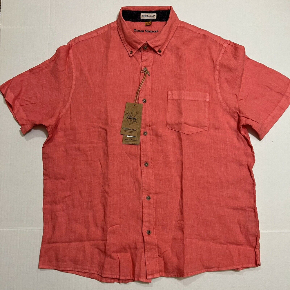 Tailor Vintage Mens Desert Rose Pink 100% Linen Button Short Sleeve Shirt XL